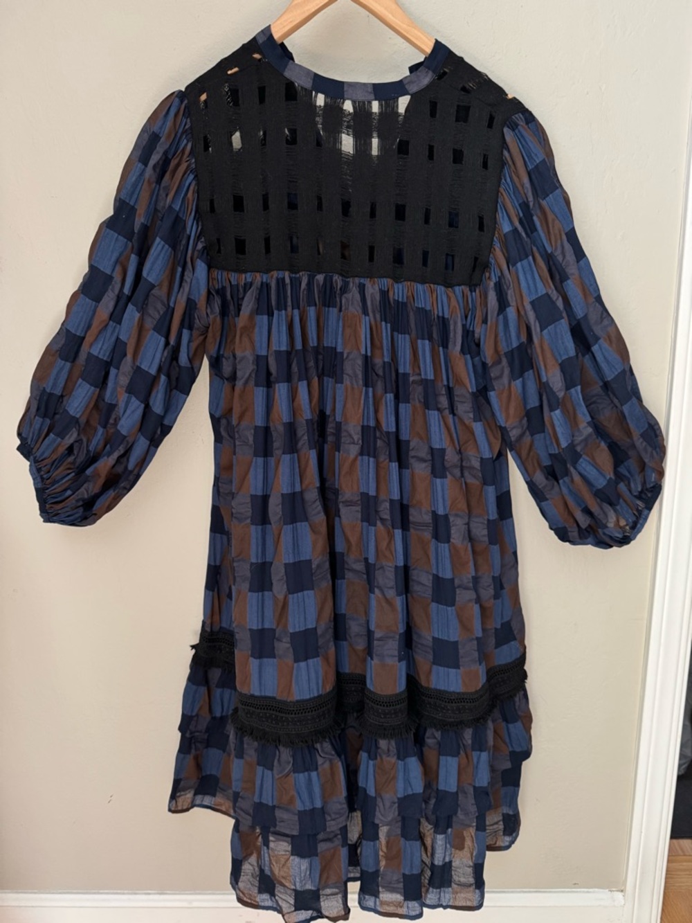 LOVE BINETTI Balloon Sleeve Blue and Brown Checkered Babydoll Dress Cotton M - Picture 8 of 16